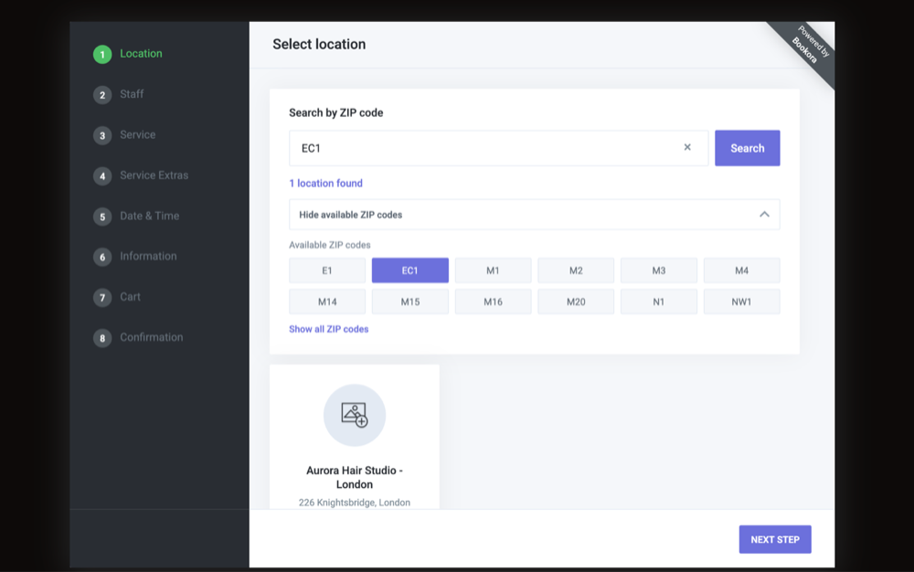 Booking panel finding the right branch by ZIP code