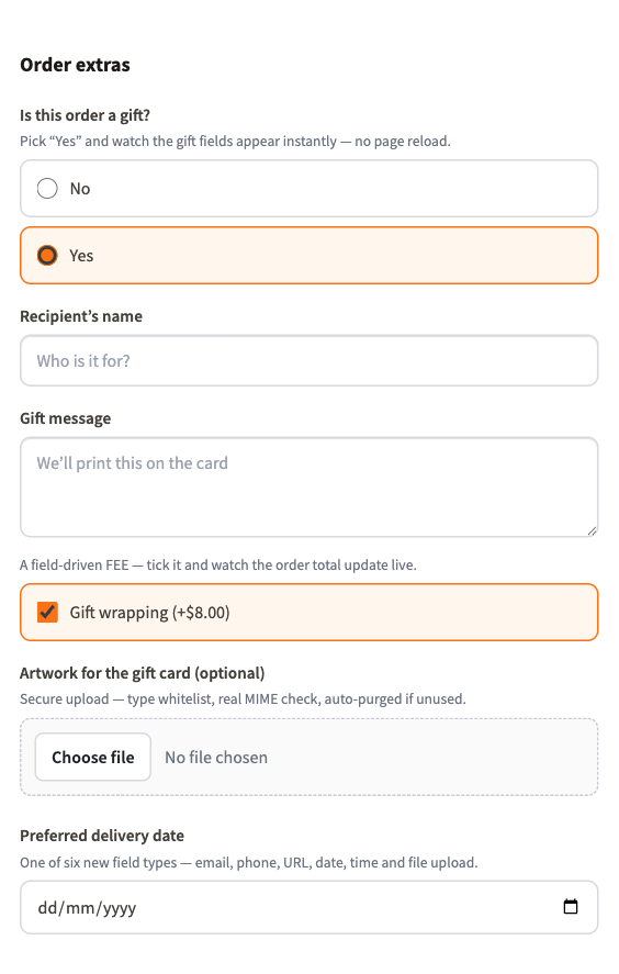 Checkout with conditional gift fields and a gift-wrapping fee