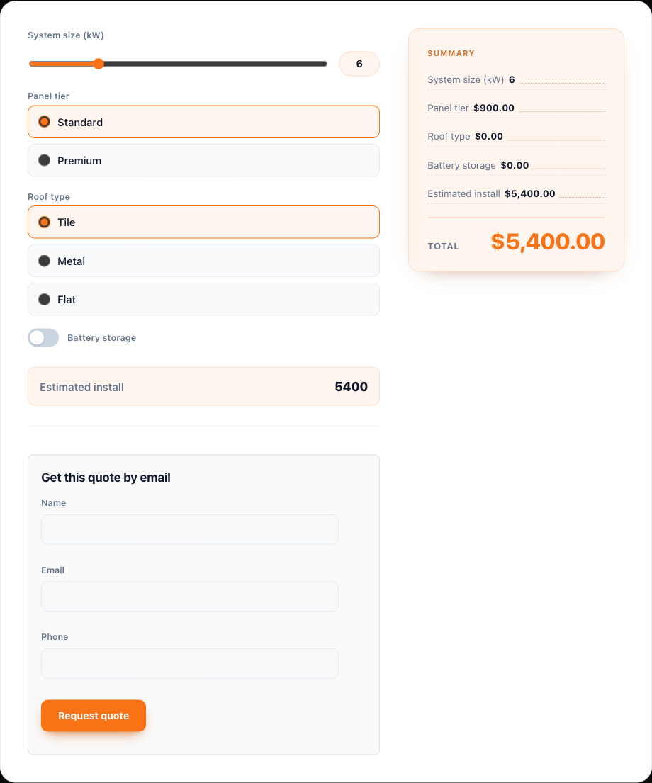 Solar Panel Quote calculator with a live $5,400 total